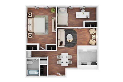A top-down view of a small apartment layout with a kitchen, living room, and bedrooms.